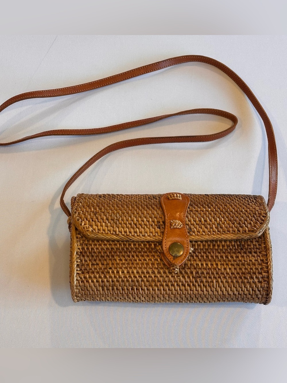 AMERII Woven Straw Crossbody Bag in Cognac Brown Small Size with Leather Strap
